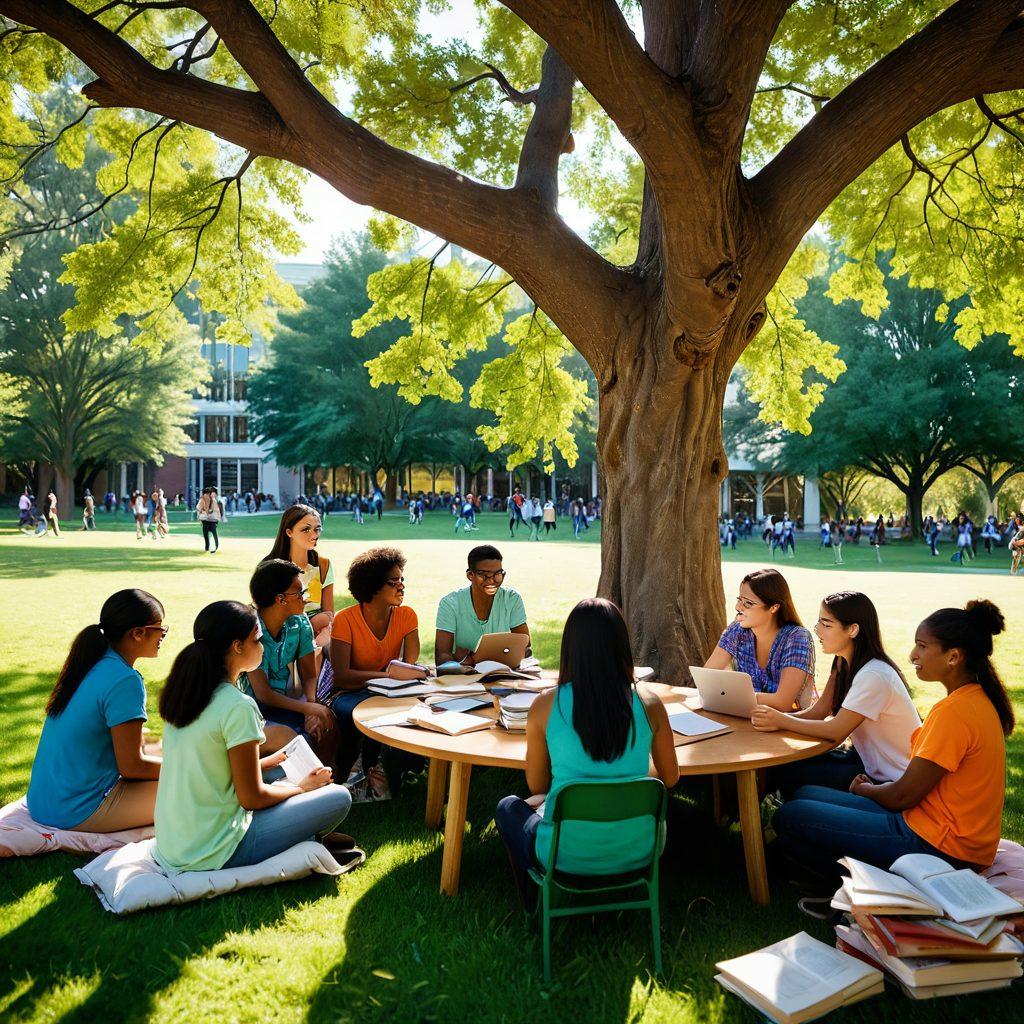An inviting university campus scene showcasing diverse students engaging in discussions, with a mentor guiding a group of new students under a tree. Incorporate elements like books, laptops, and coffee cups to symbolize collaboration. Warm sunlight filters through the leaves, creating a sense of warmth and community. Illustrate a harmonious blend of cultures and backgrounds. vibrant colors. realistic style.