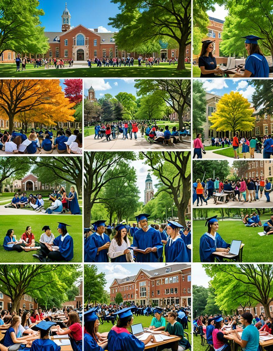 A vibrant collage depicting a diverse group of first-year students navigating college life, showcasing orientation events, studying, making friends, attending workshops, and celebrating graduation. Include elements like books, laptops, colorful banners, and a graduation cap. The background should be a bright campus scene filled with trees and buildings. super-realistic. vibrant colors. 3D.