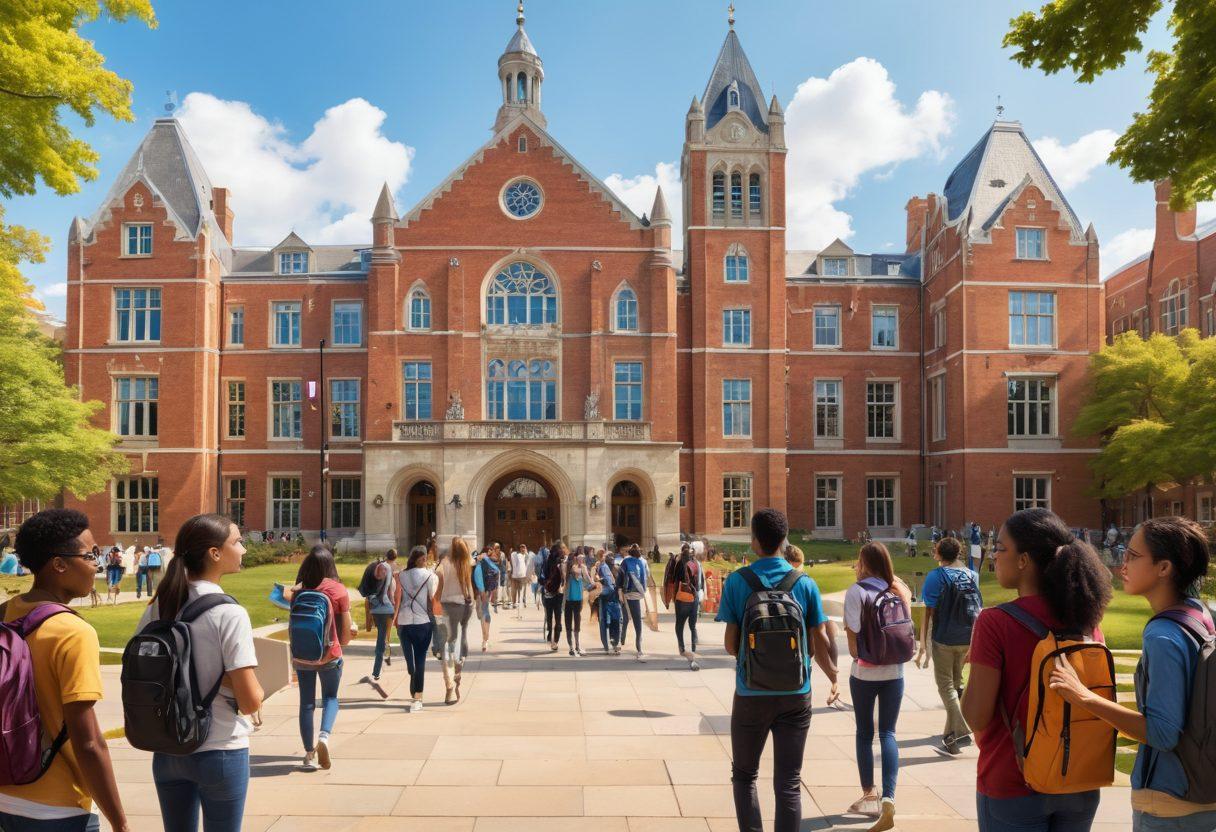 A vibrant scene depicting a diverse group of freshman university students exploring a bustling campus, surrounded by helpful resources such as books, laptops, and a campus map. Include iconic university buildings in the background with colorful banners and welcoming signs. Capture expressions of excitement and curiosity, showcasing a sense of community and support. super-realistic. vibrant colors. lively atmosphere.